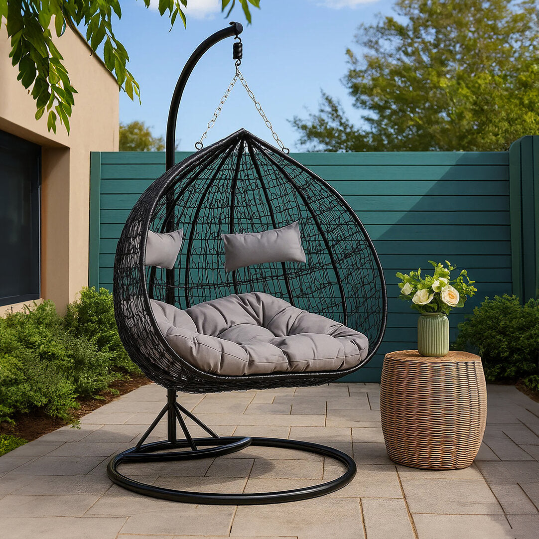 Bristol Black Rattan Effect Double Hanging Chair With Grey Cushions