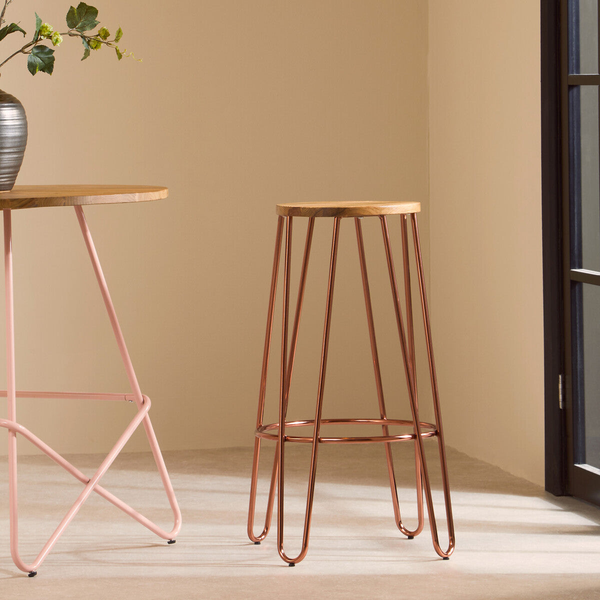 Madison Rose Gold Wooden Top Bar Stool with Metal Legs