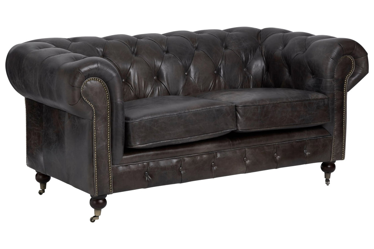 Verona Dark Grey Brown Leather Chesterfield 2 Seat Sofa