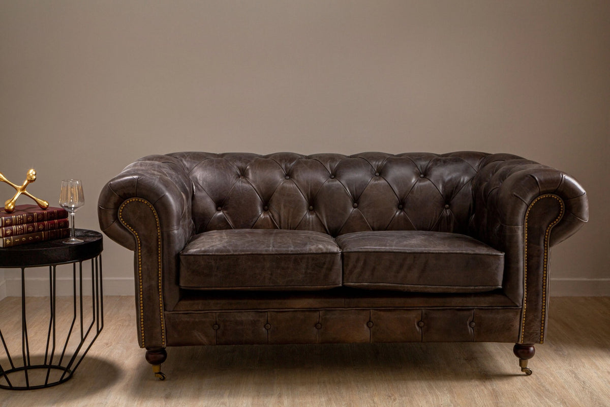 Verona Dark Grey Brown Leather Chesterfield 2 Seat Sofa