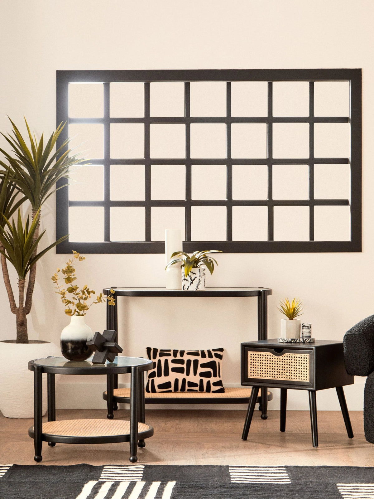 Stirling Black Side Table with Rattan Drawer