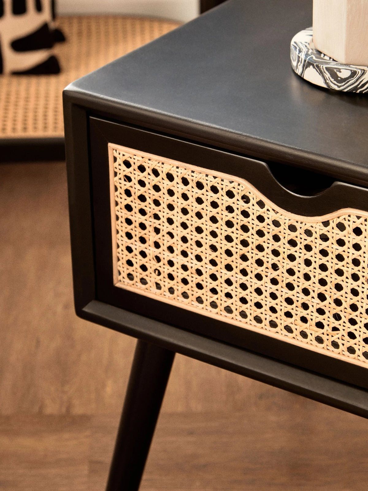 Stirling Black Side Table with Rattan Drawer