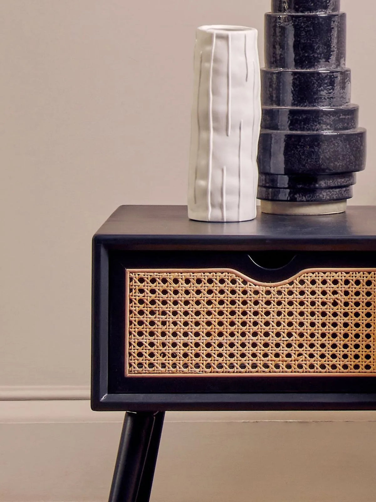 Stirling Black Side Table with Rattan Drawer