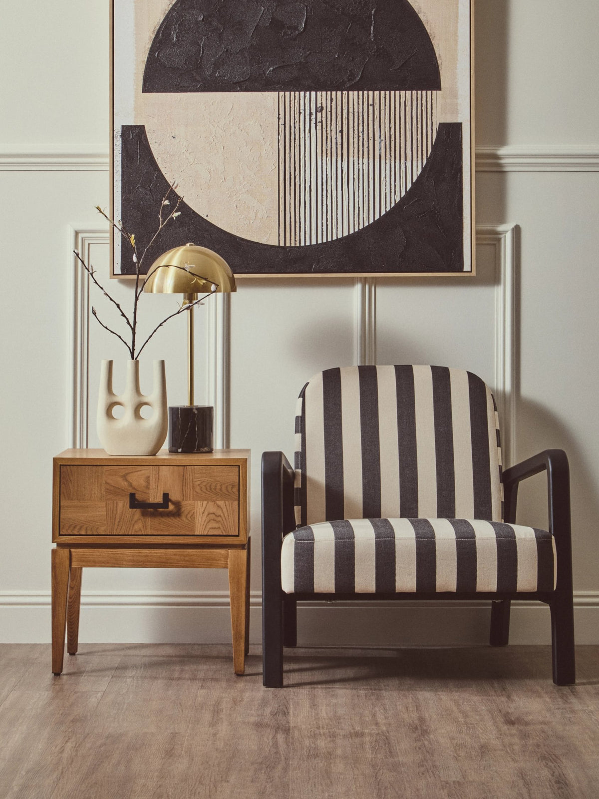 Pateley Black and White Stripe Armchair with Wooden Frame