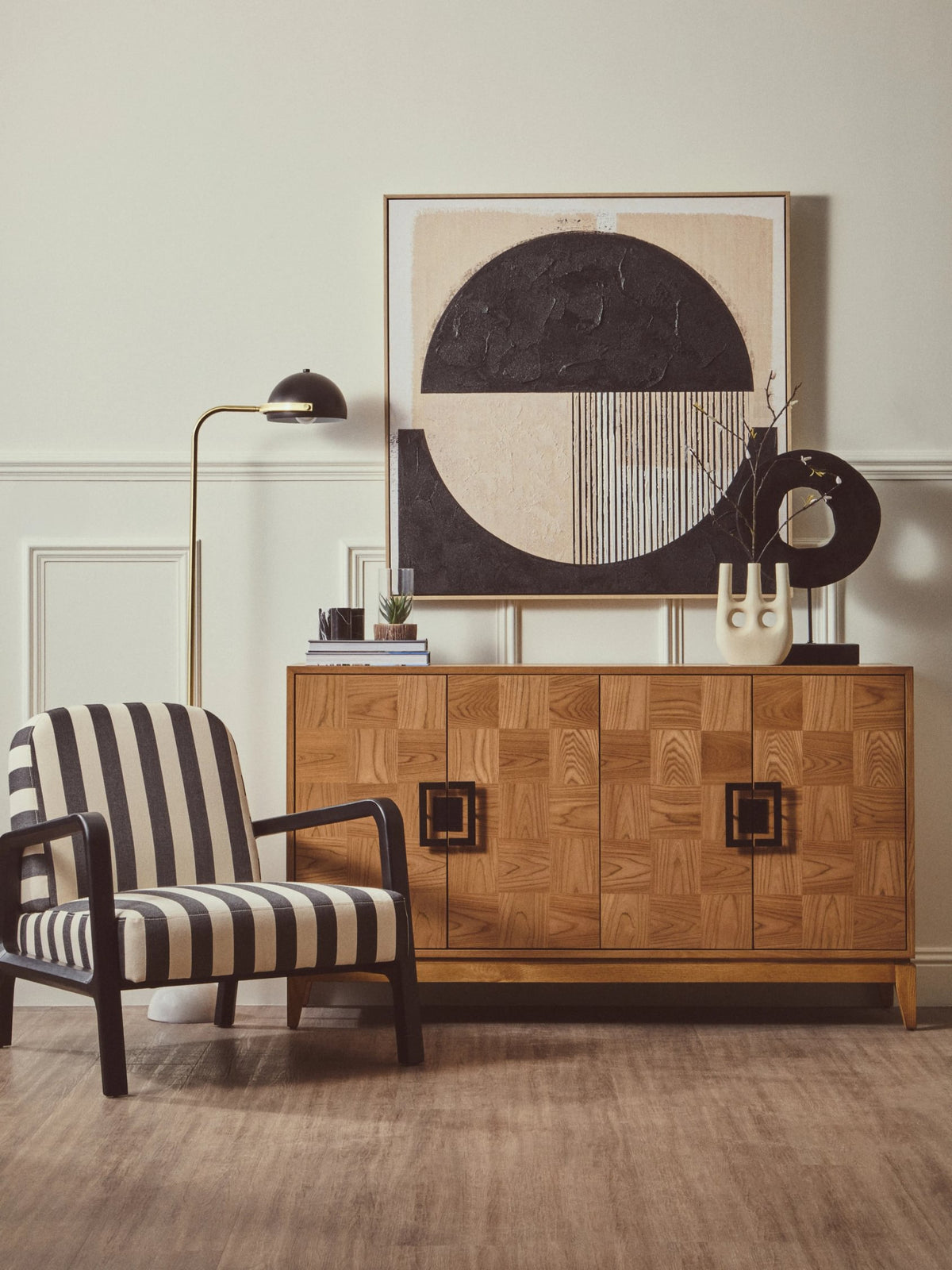 Pateley Black and White Stripe Armchair with Wooden Frame