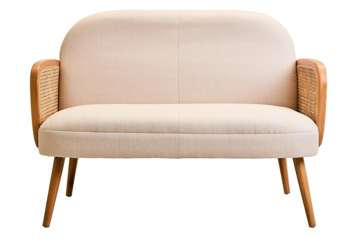 Stirling Ivory Fabric and Cane 2 Seat Sofa with Elm Wood Legs