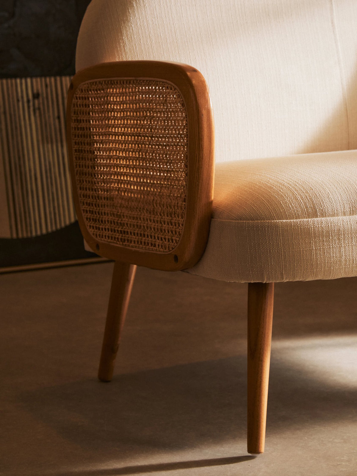 Stirling Ivory Fabric and Cane 2 Seat Sofa with Elm Wood Legs