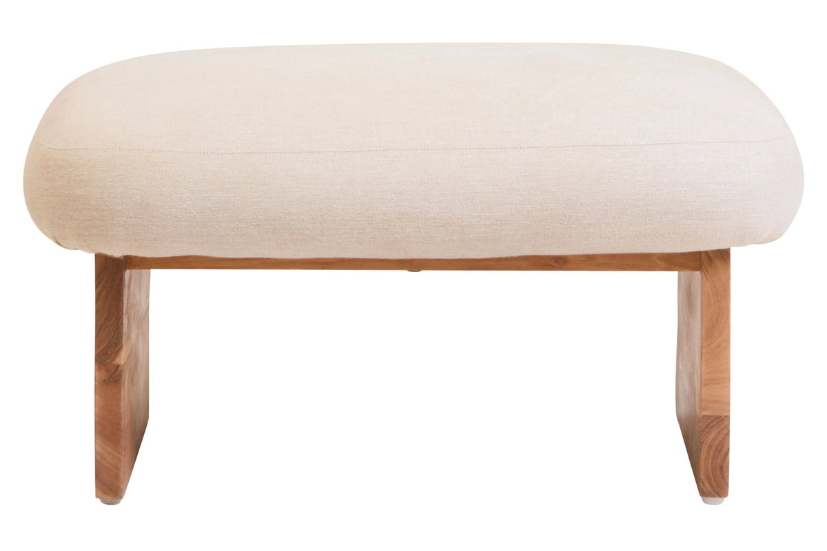 Notting Cream Linen Textured Footstool with Wood Base
