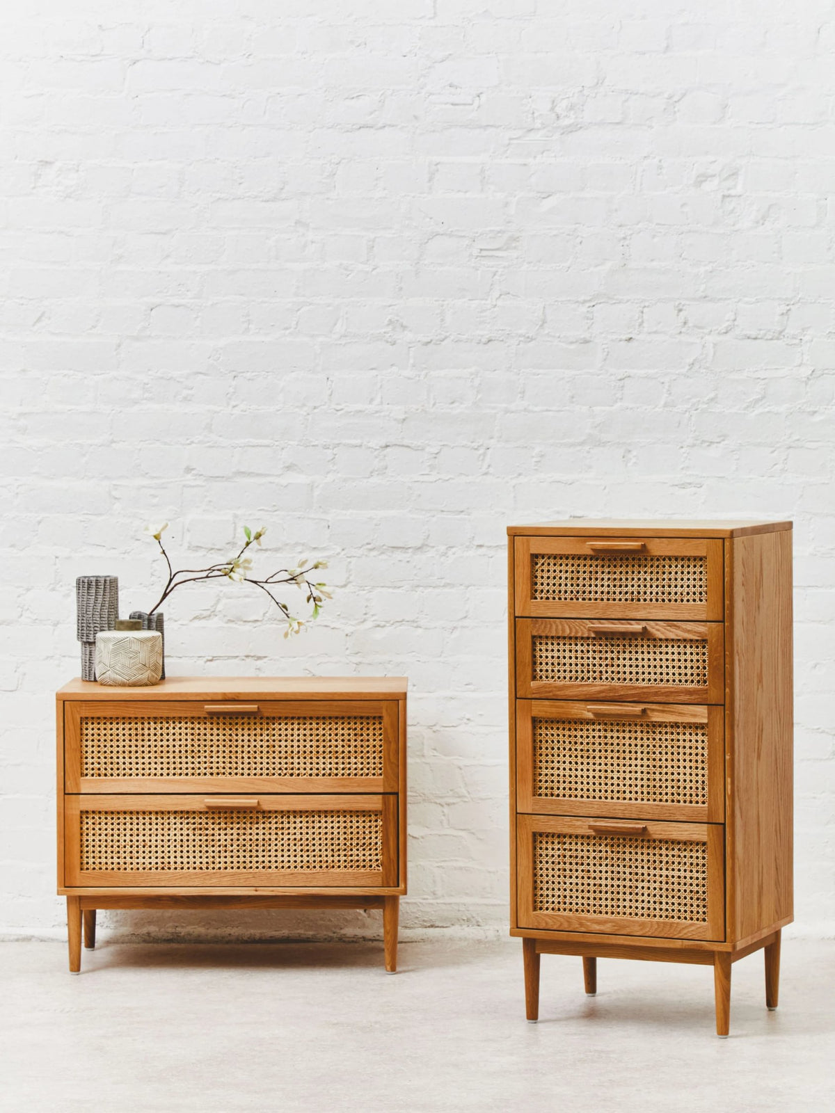 Cannes Rattan and Oak Wood Chest of Four Drawers