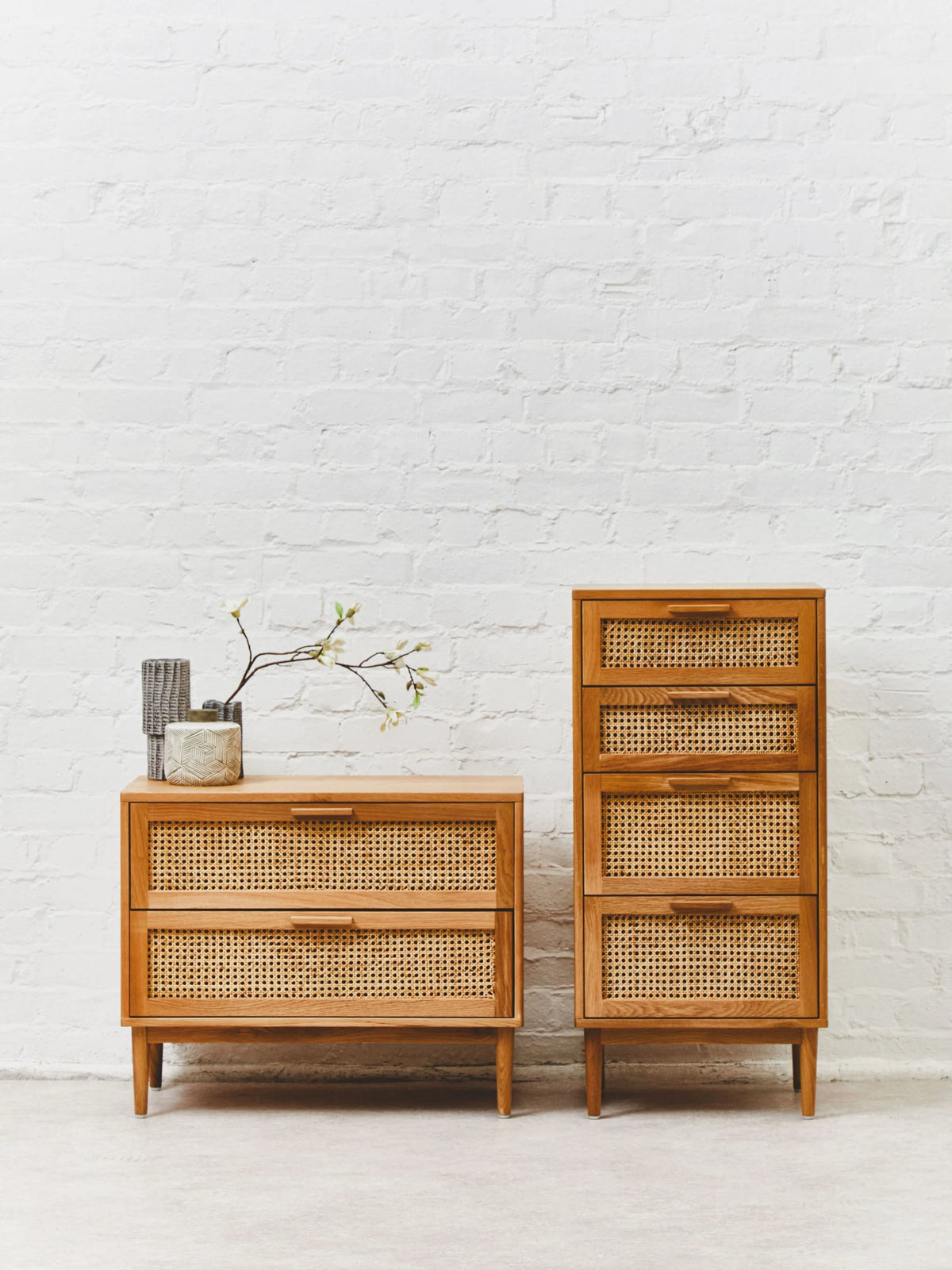 Cannes Rattan and Oak Wood Chest of Four Drawers
