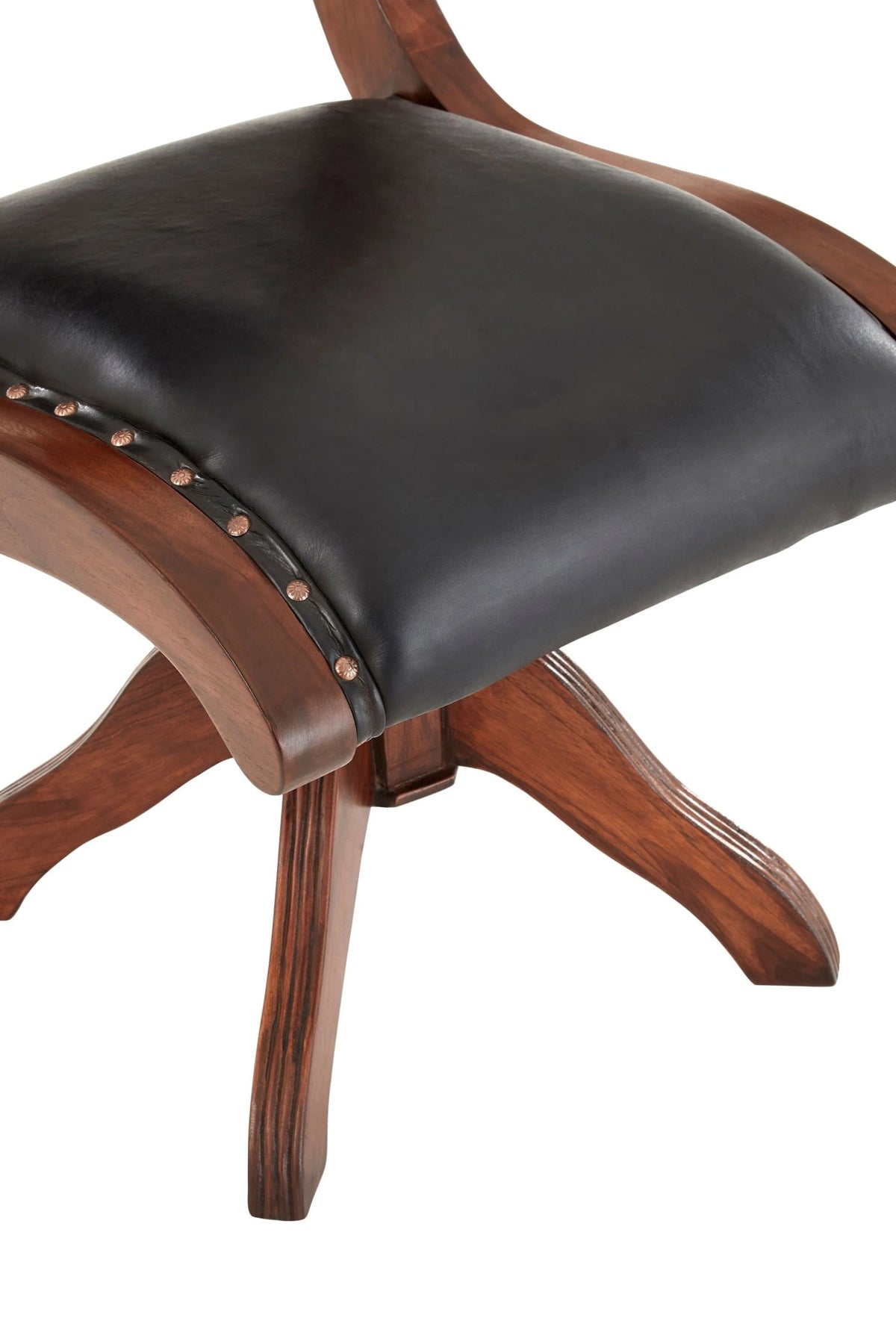 Carlton Black Leather and Teak Wood Swivel Chair