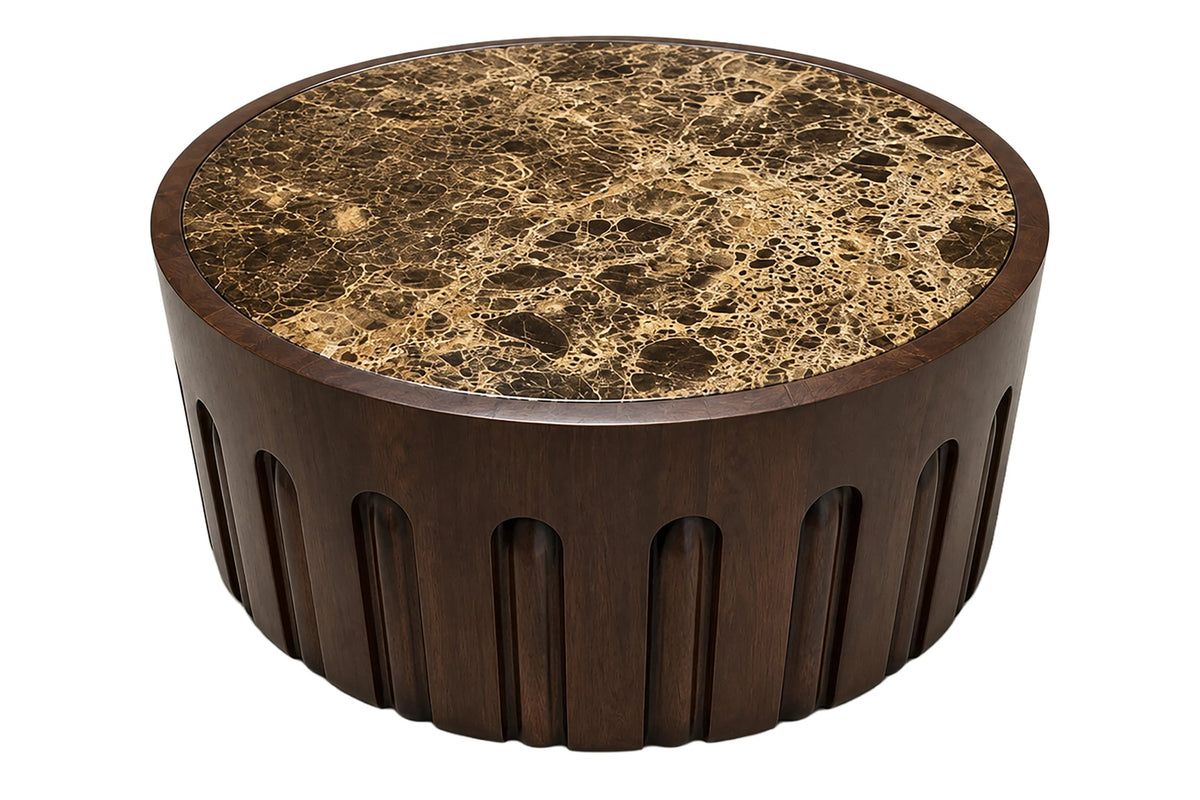 Putney Round Brown Marble and Dark Mango Wood Carved Coffee Table