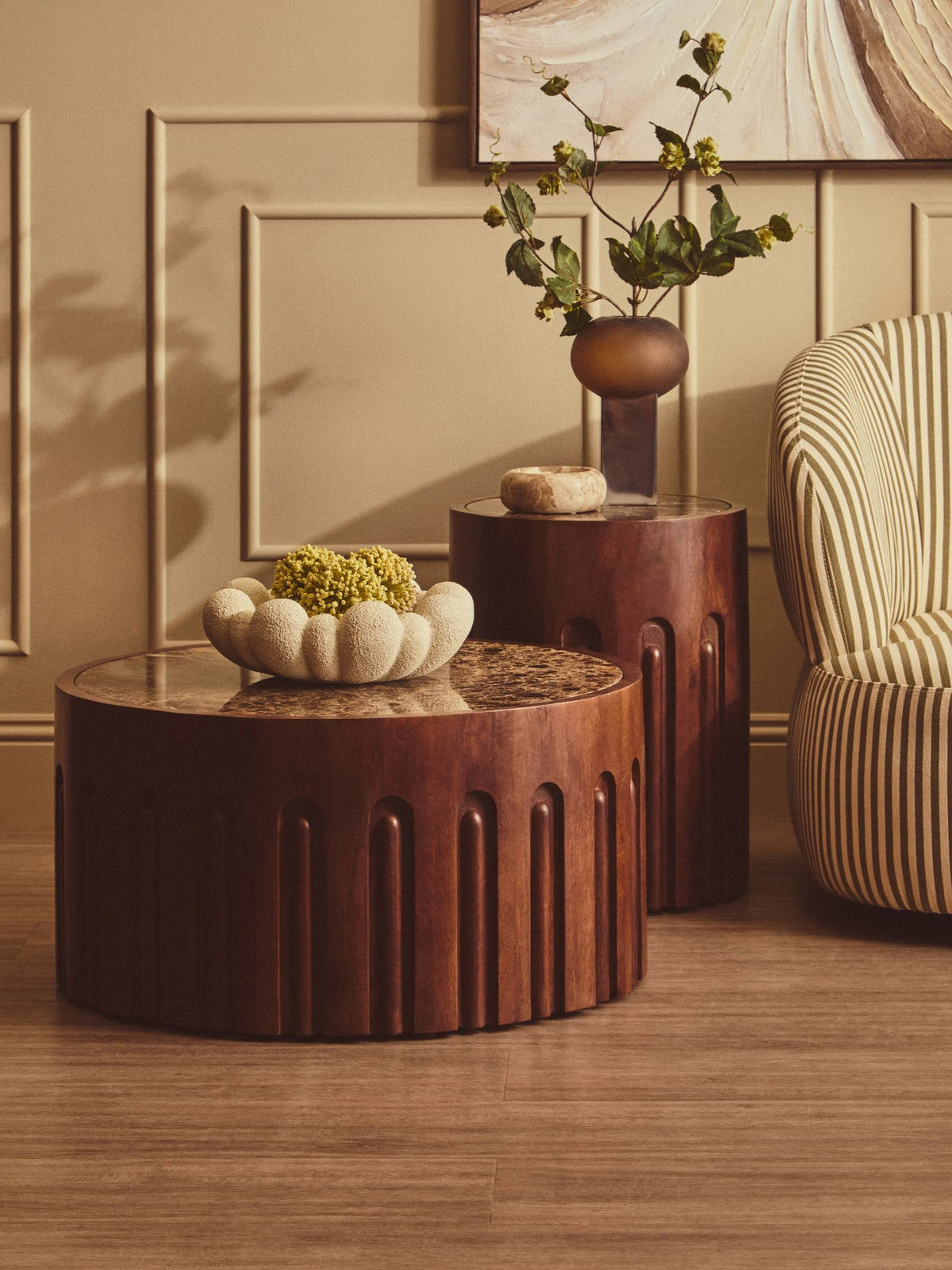 Putney Round Brown Marble and Dark Mango Wood Carved Coffee Table