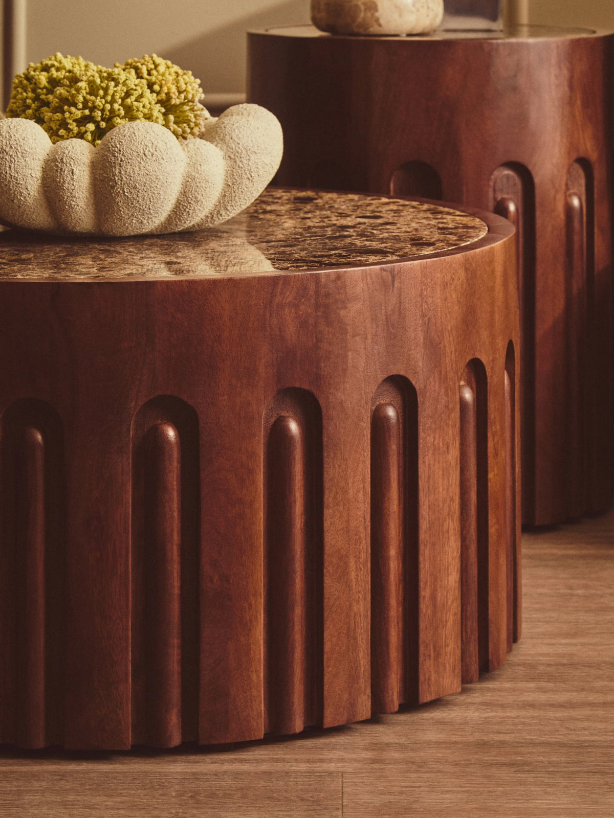 Putney Round Brown Marble and Dark Mango Wood Carved Coffee Table