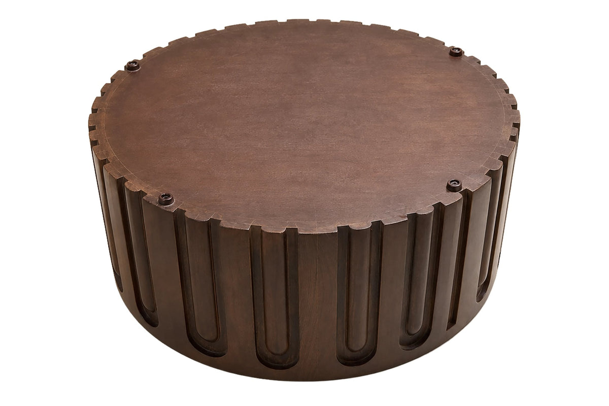Putney Round Brown Marble and Dark Mango Wood Carved Coffee Table