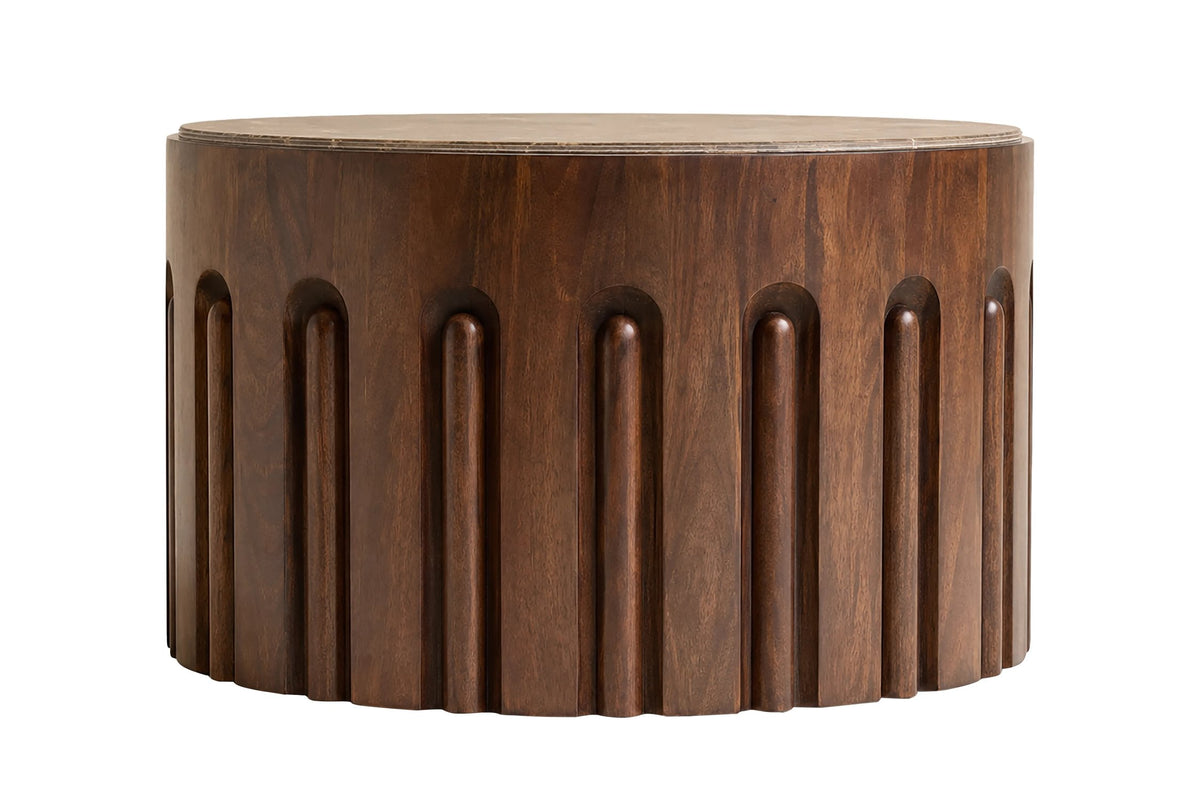 Putney Round Brown Marble and Dark Mango Wood Carved Coffee Table