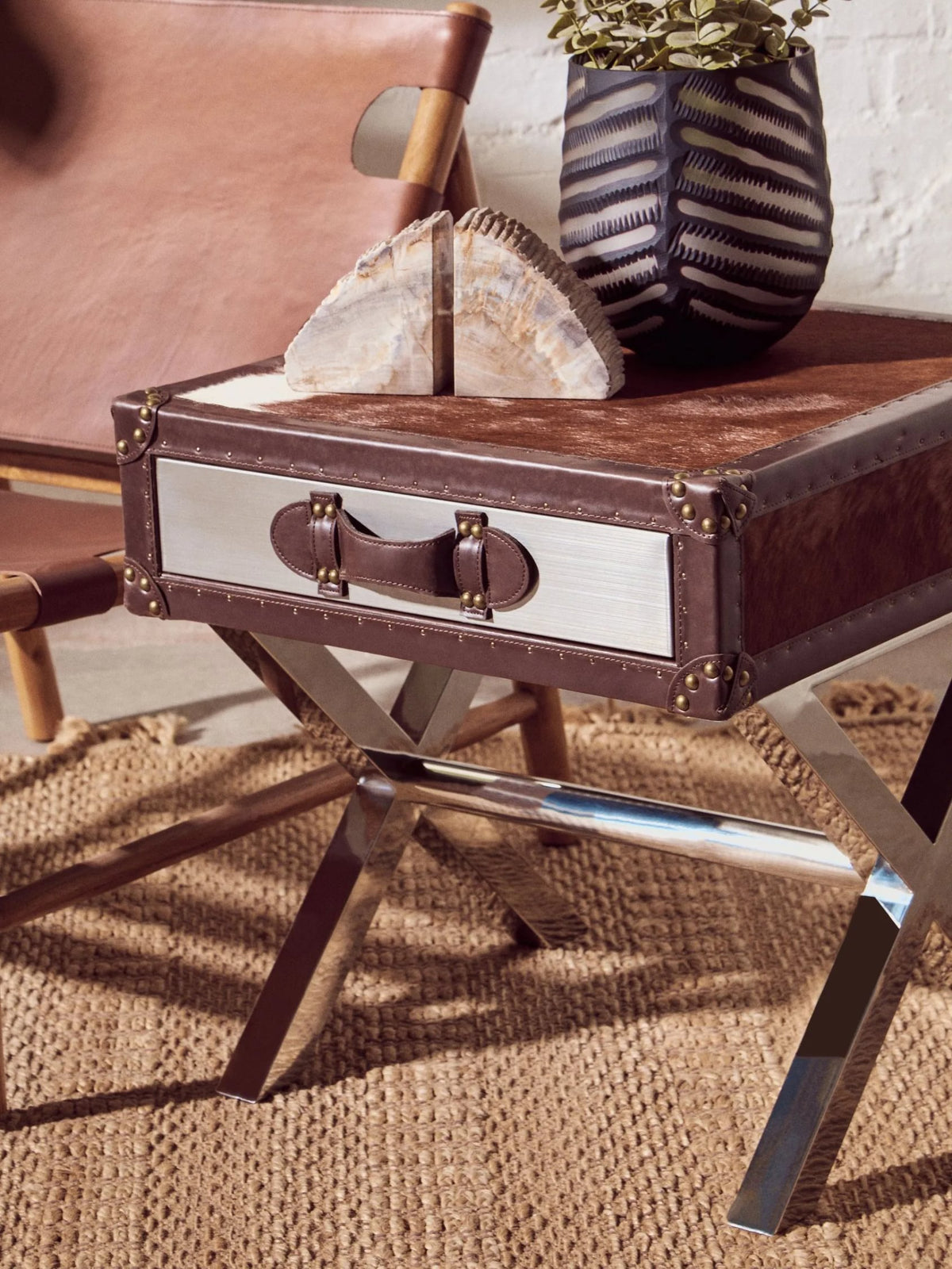 Vienna Hair On Leather Side Table #colour_brown-white