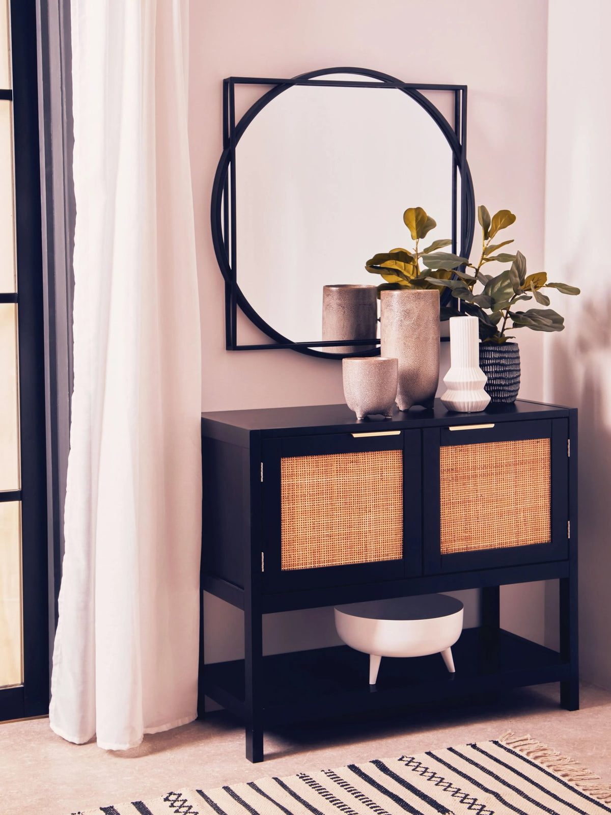 Como Black Finish and Rattan Two Door Side Cabinet
