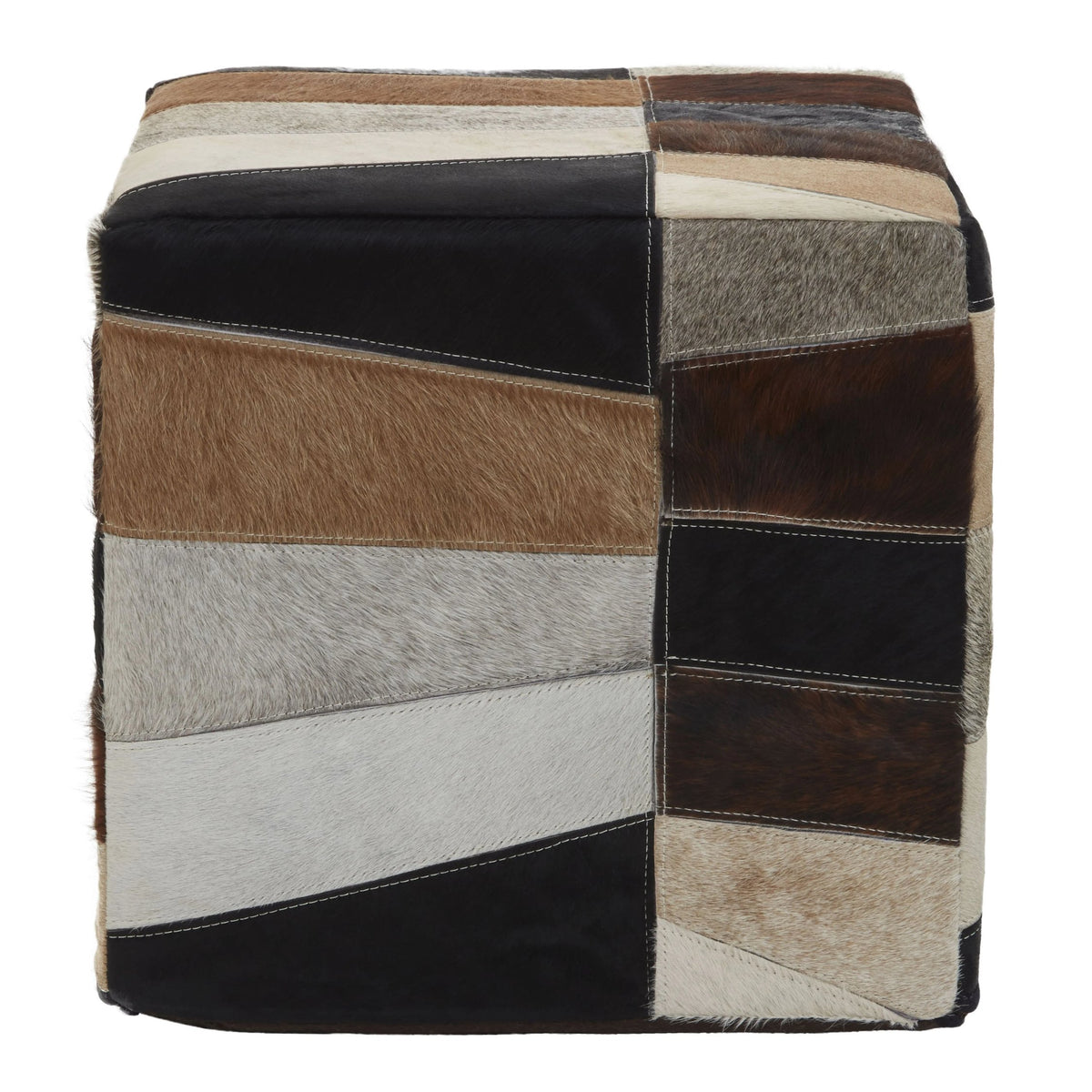 Wareham Natural Colourblock Hair On Leather Pouffe