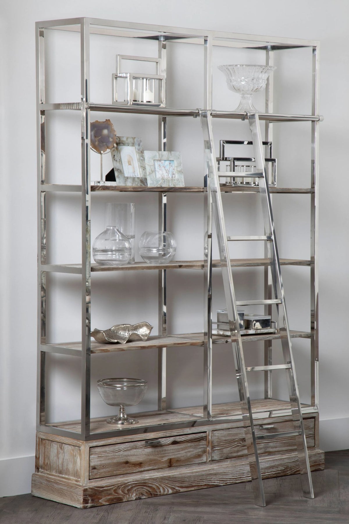Notting White Wash Pine Wood Shelving Unit with Ladder