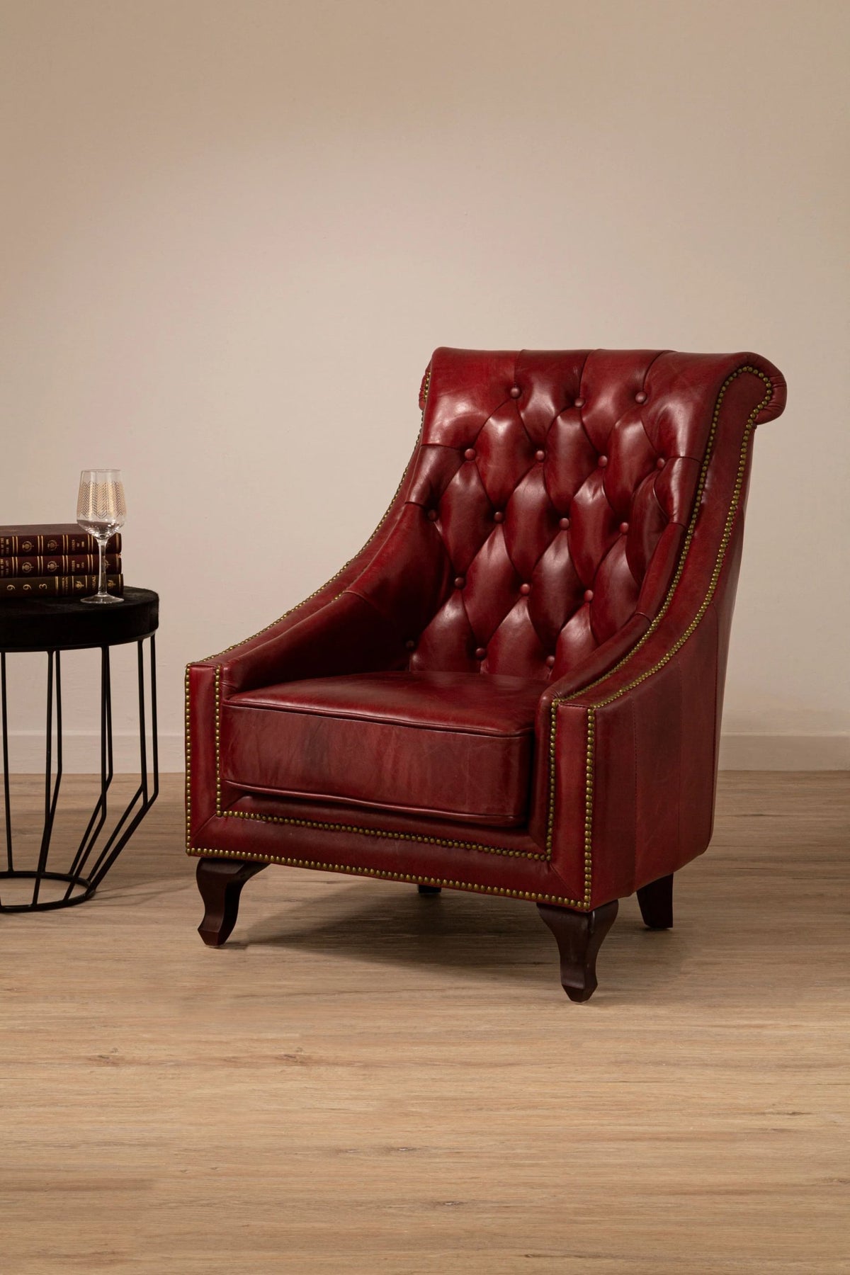 Verona Deep Red Leather Lounge Chair with Tufted Back (W75cm)