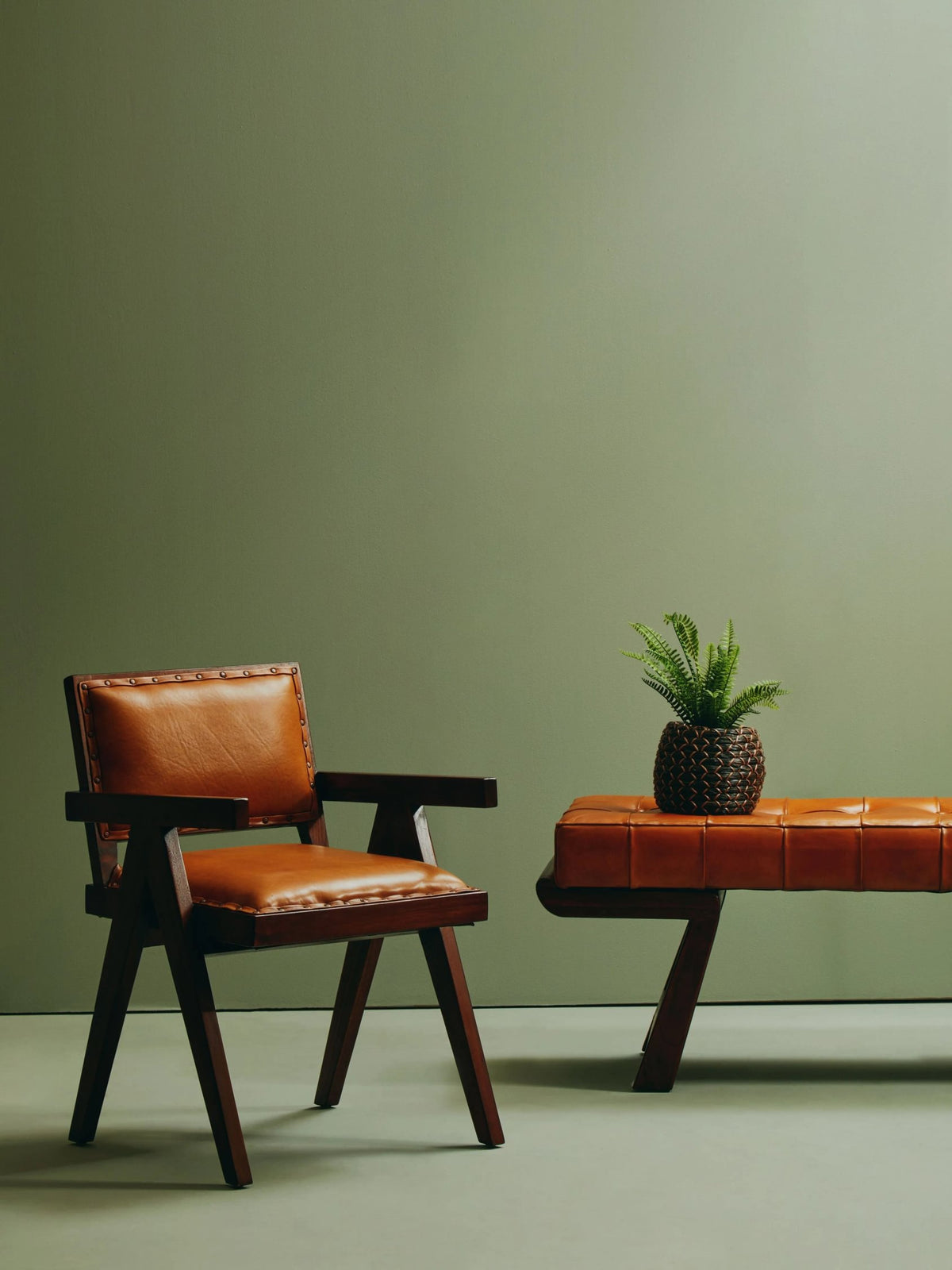 Carlton Brown Leather Bench with Cedar Wood Angular Base