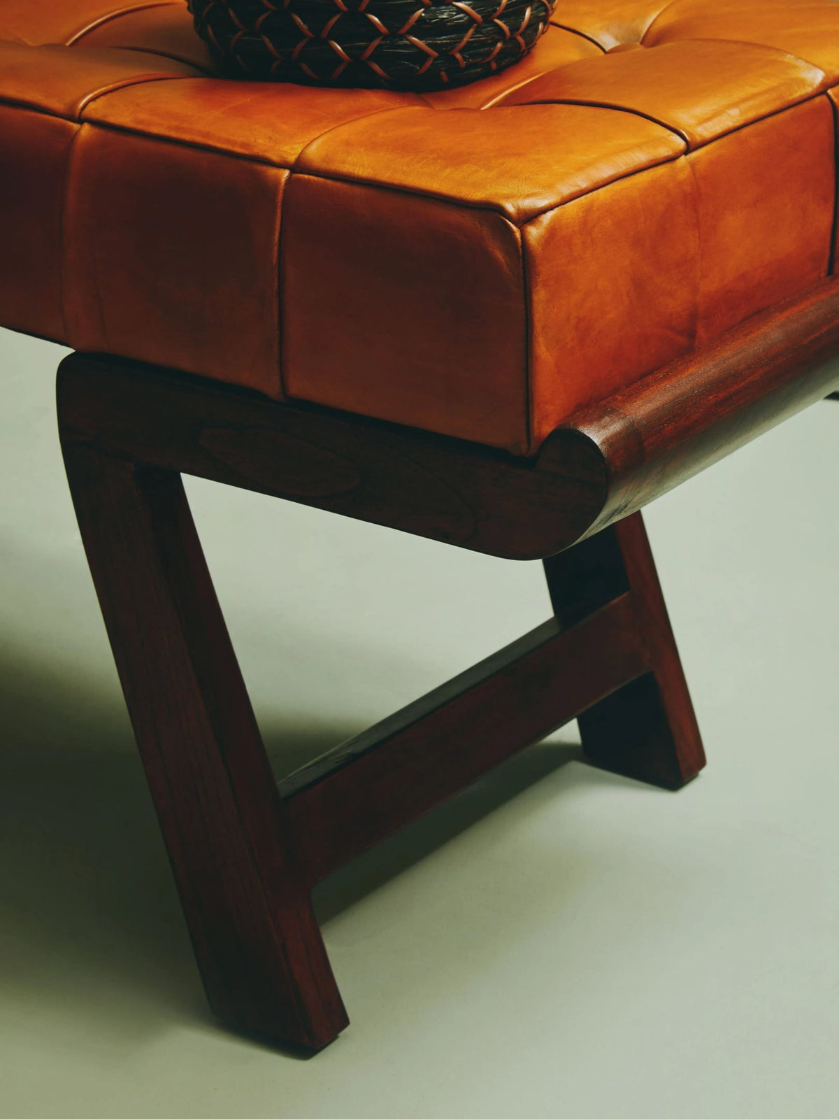 Carlton Brown Leather Bench with Cedar Wood Angular Base