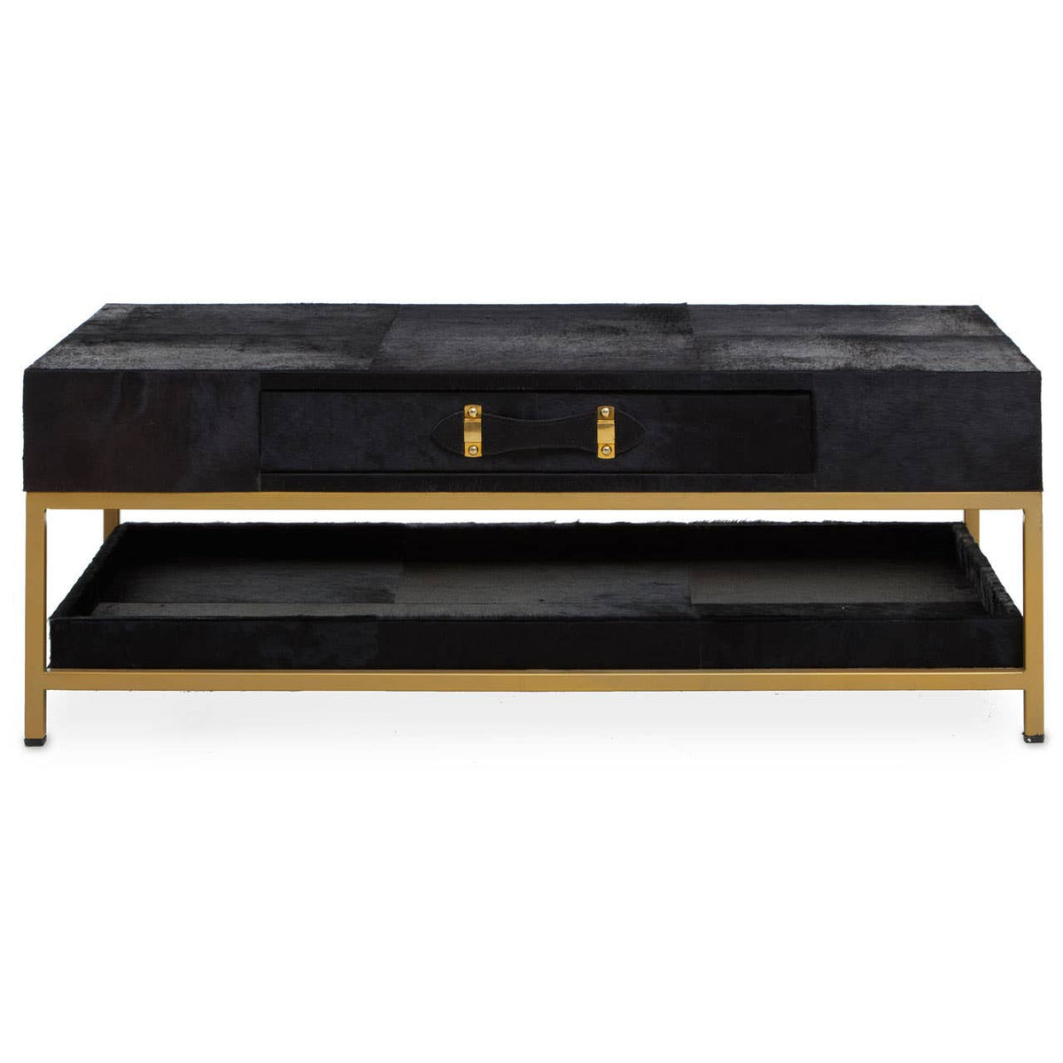 Vienna Black Hair On Leather Coffee Table with Metal Frame #colour_gold