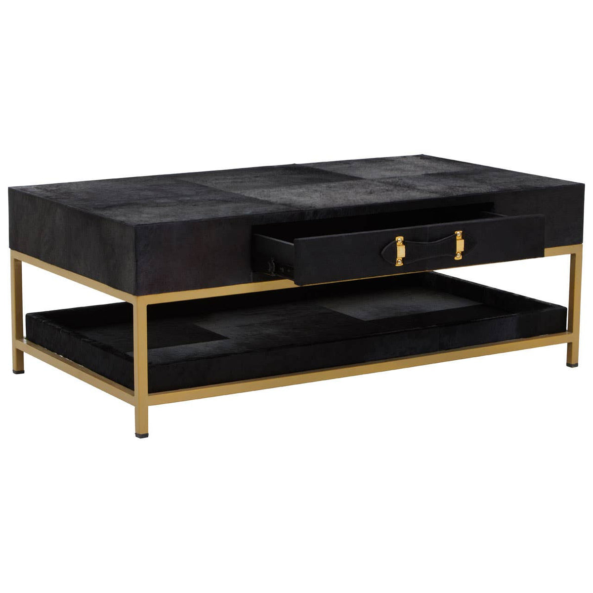 Vienna Black Hair On Leather Coffee Table with Metal Frame #colour_gold