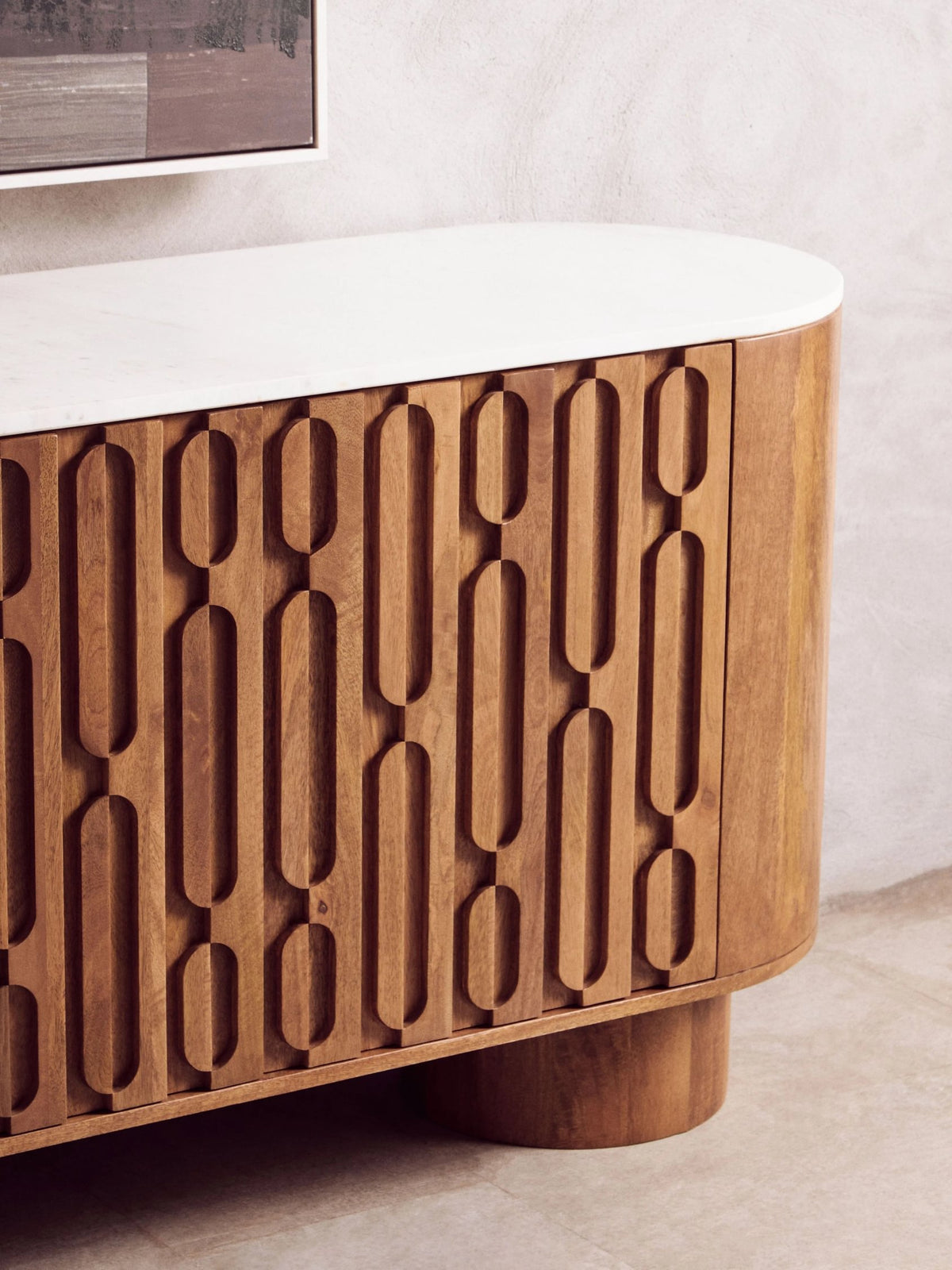 Studland Mango Wood Carved Design Marble Top Three Door Sideboard