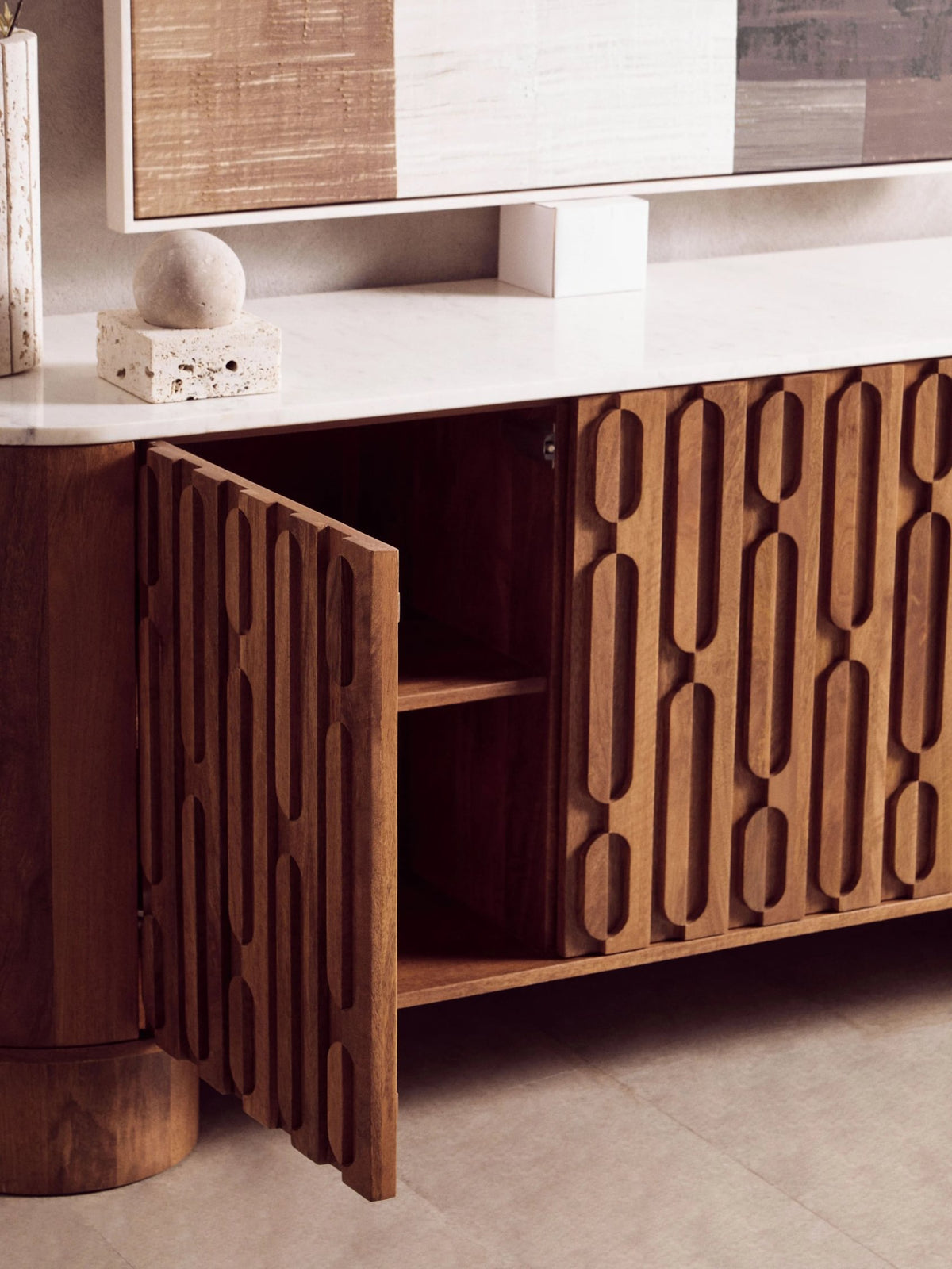 Studland Mango Wood Carved Design Marble Top Three Door Sideboard