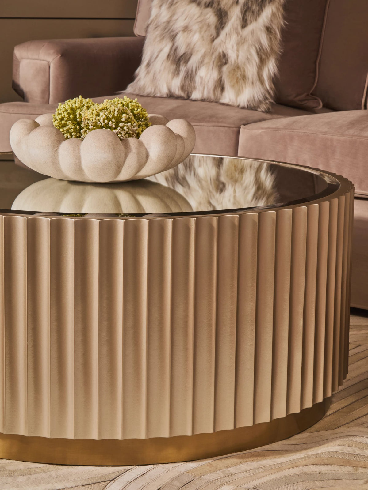Portree Champagne Gold Finish Flute Detail Coffee Table with Mirror Top