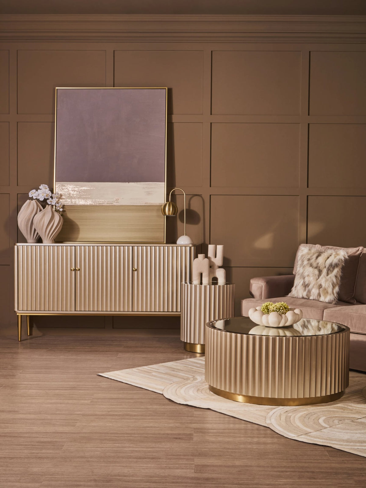 Portree Champagne Gold Finish Flute Detail Coffee Table with Mirror Top
