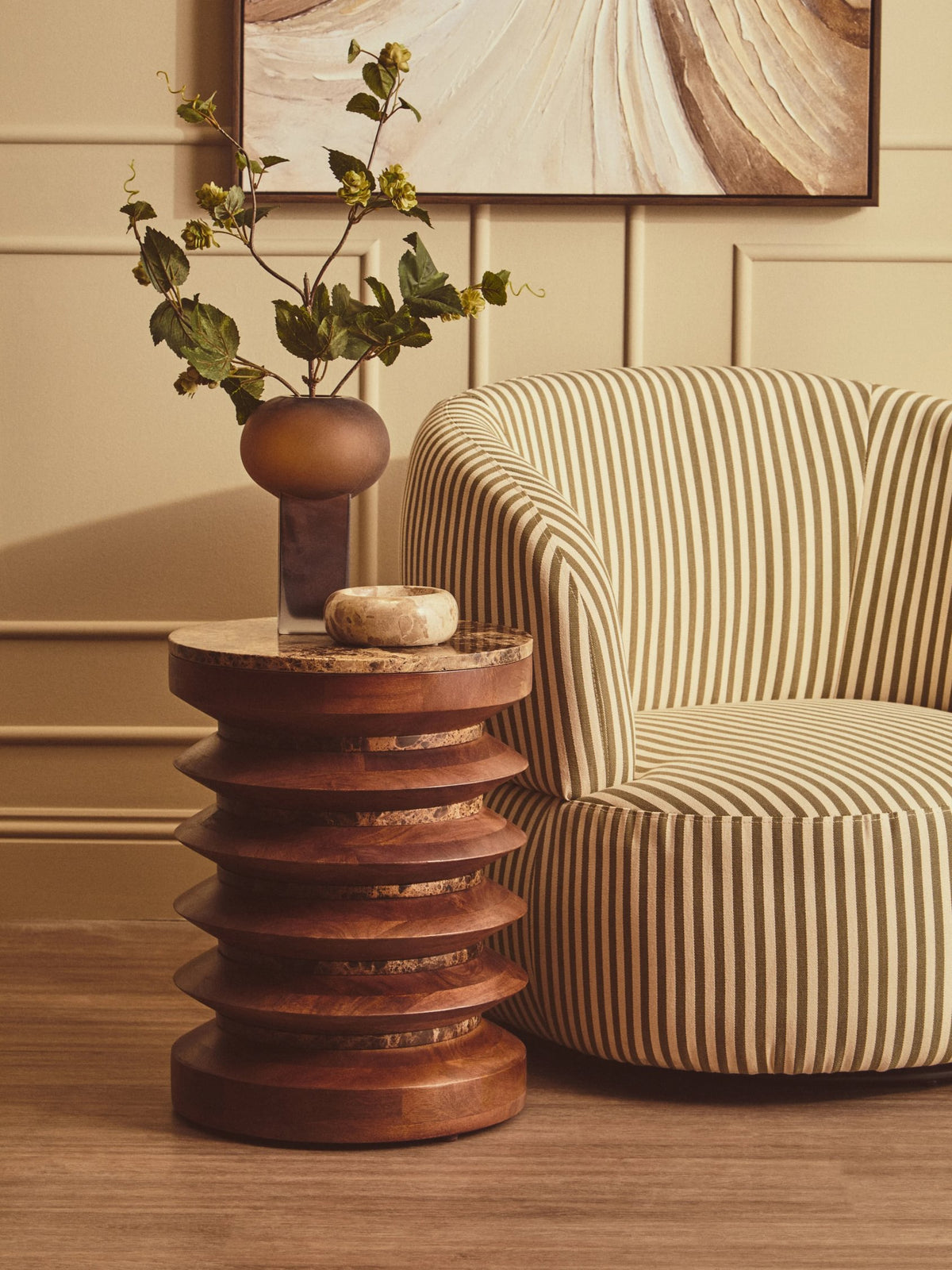 Wootton Olive Green and White Stripe Swivel Lounge Chair