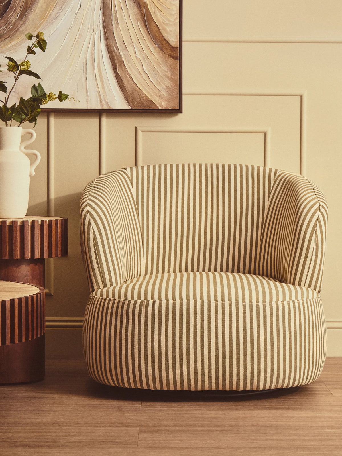 Wootton Olive Green and White Stripe Swivel Lounge Chair