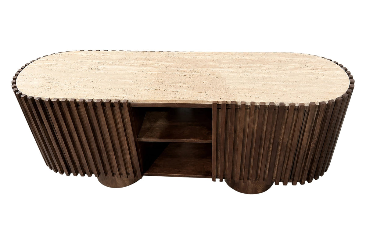 Prestbury Travertine and Mango Wood Curved Media Unit