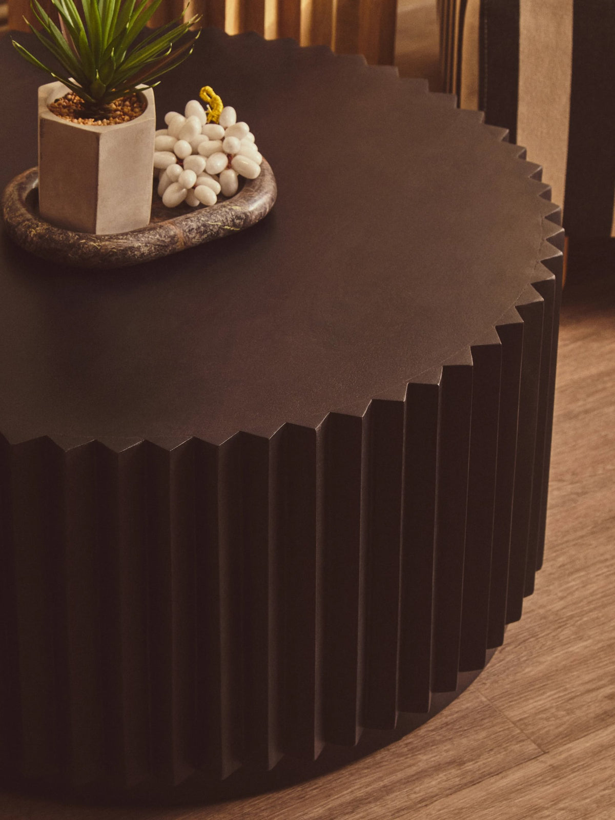 Fakenham Round Black Mango Wood Carved Ridge Coffee Table