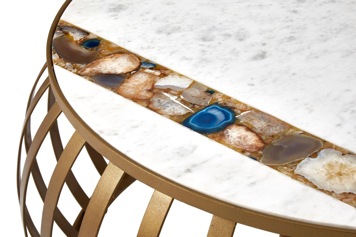 Lichfield Marble and Agate Round Coffee Table with Antique Brass Base