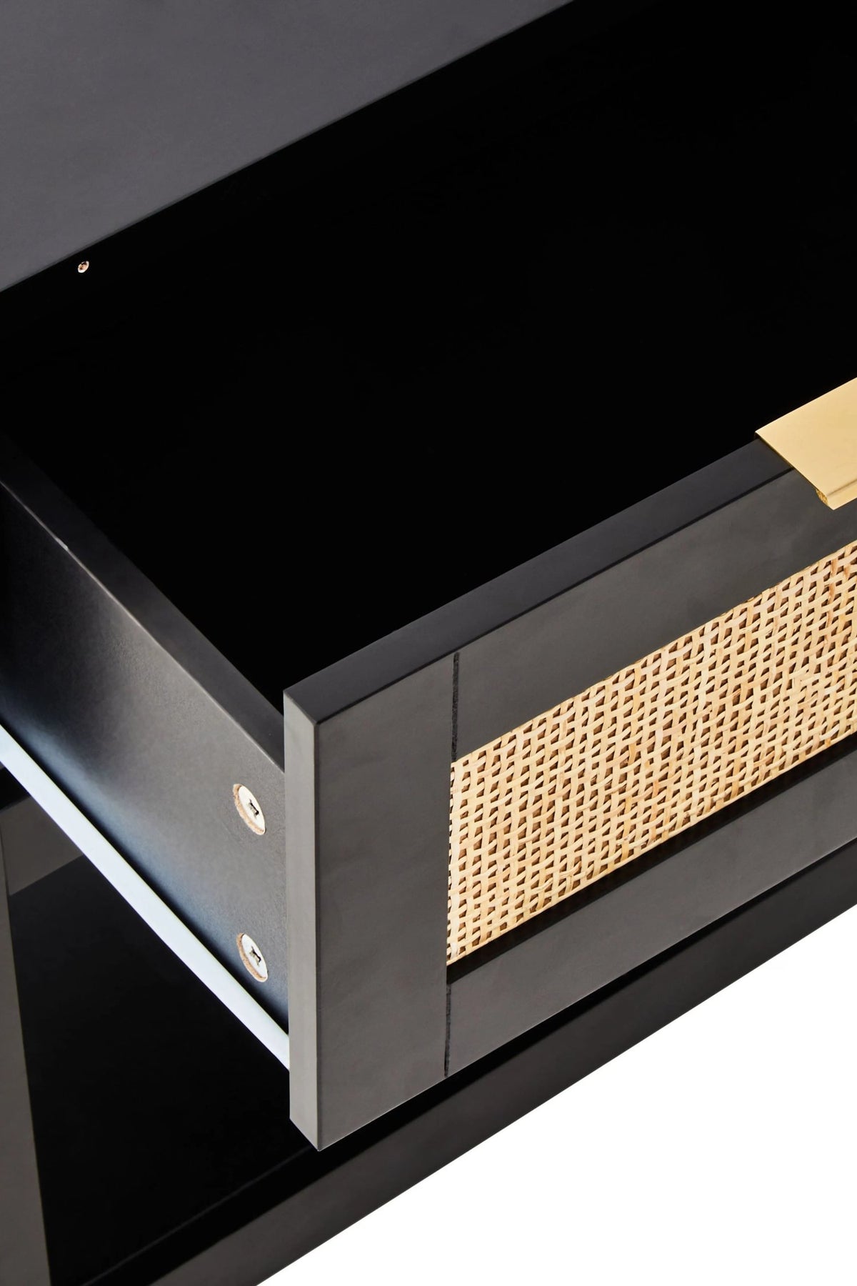 Como Black Finish and Natural Rattan One Drawer Bedside Table