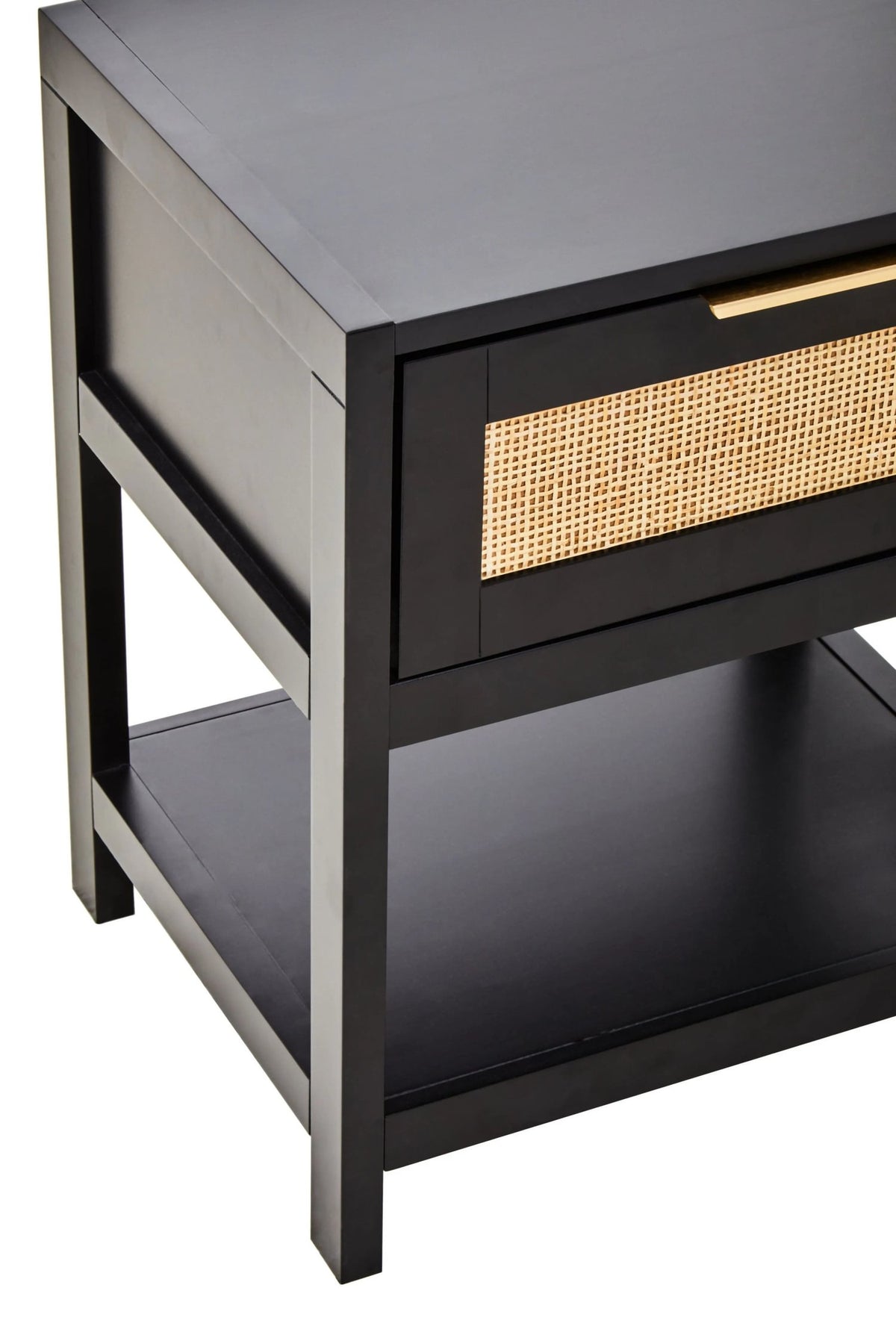 Como Black Finish and Natural Rattan One Drawer Bedside Table