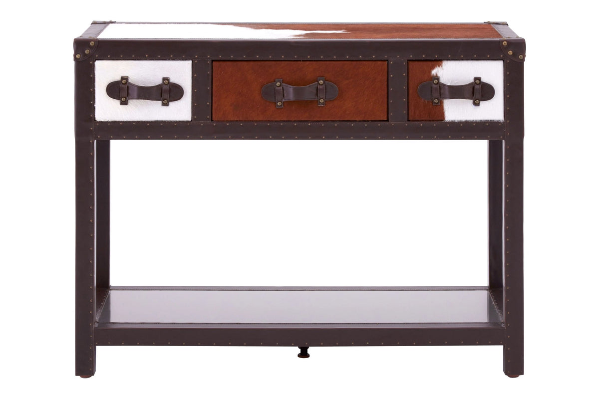 Vienna Brown and White Hair On Leather 3 Drawer Console Table
