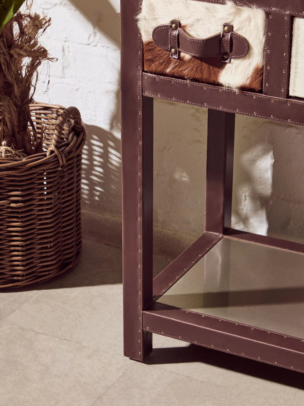 Vienna Brown and White Hair On Leather 3 Drawer Console Table