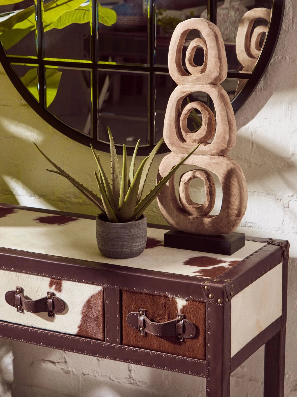 Vienna Brown and White Hair On Leather 3 Drawer Console Table