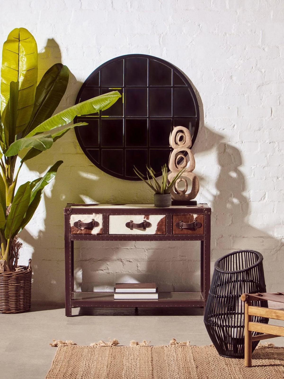 Vienna Brown and White Hair On Leather 3 Drawer Console Table