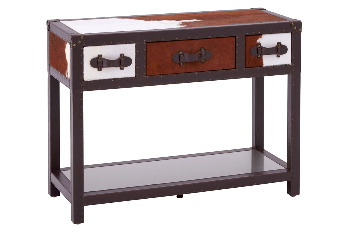 Vienna Brown and White Hair On Leather 3 Drawer Console Table