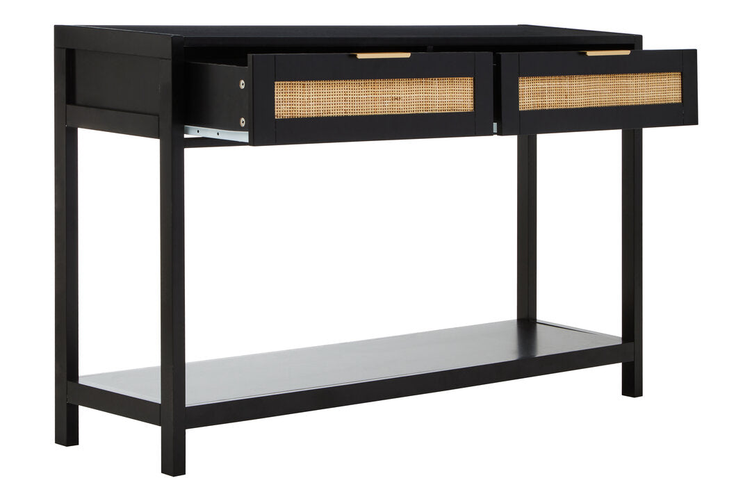 Como Black Wood and Rattan Two Drawer Console Table