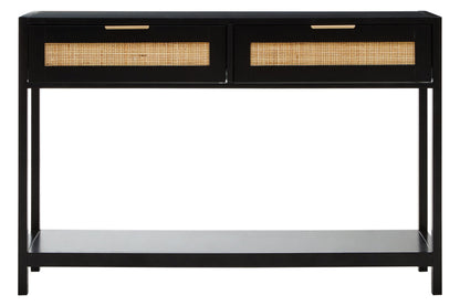 Como Black Wood and Rattan Two Drawer Console Table