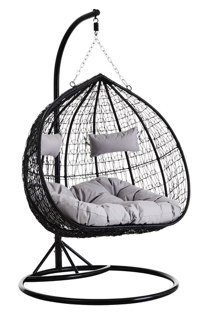 Bristol Black Rattan Effect Double Hanging Chair With Grey Cushions