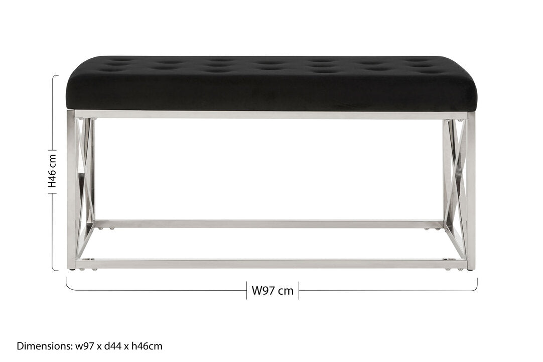 Aurora Black Tufted Seat And Silver Finish Bench