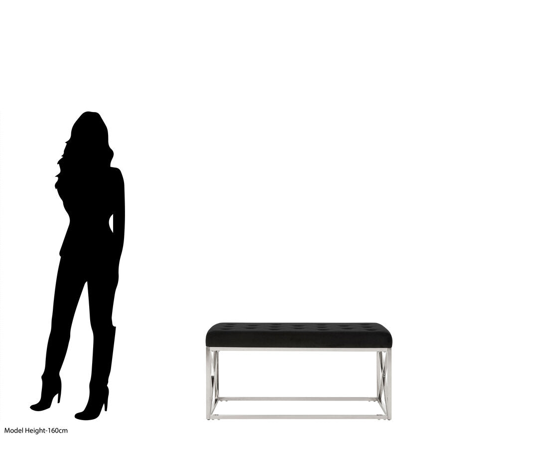 Aurora Black Tufted Seat And Silver Finish Bench